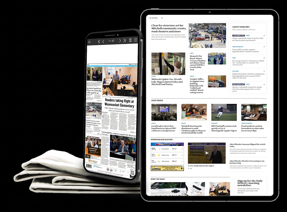 Forum Communications digital and print products shown on phone, tablet, and newspaper