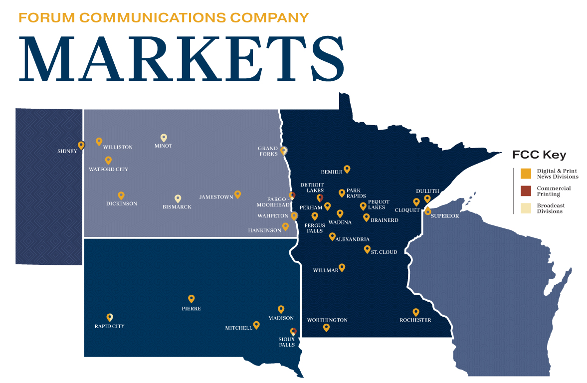 Map of Forum Communications Company markets across North Dakota, South Dakota, Minnesota, Wisconsin, and eastern Montana